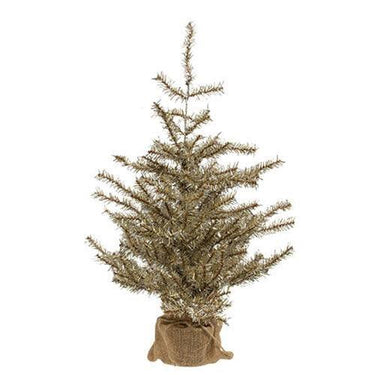 Antiqued Silver Tinsel Tree w Burlap Base 2ft - The Fox Decor